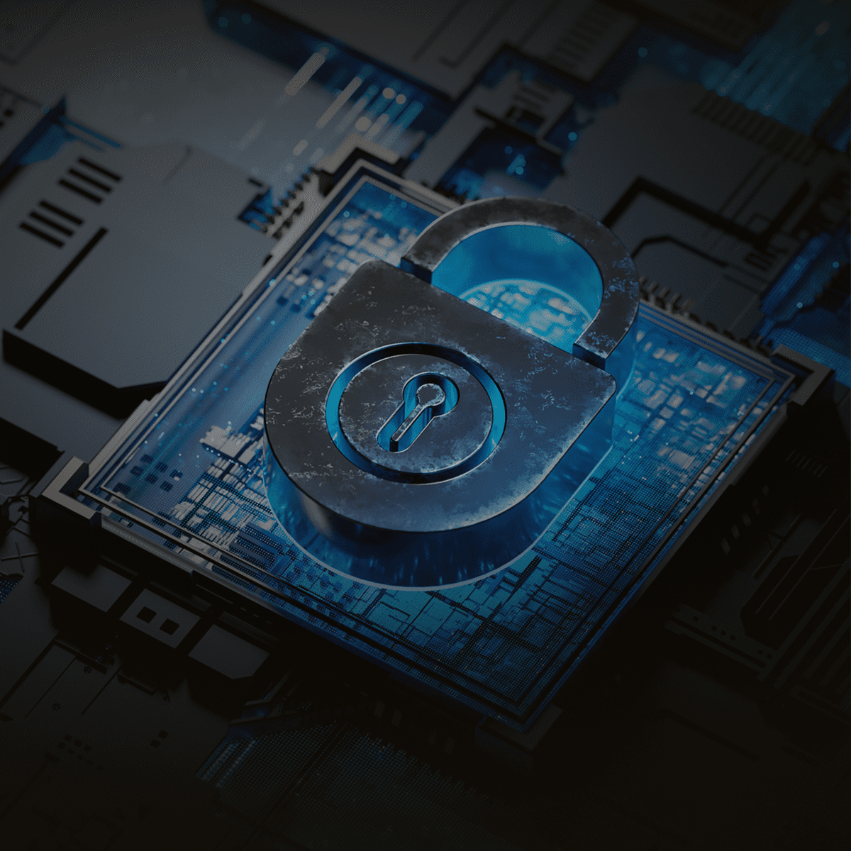 Padlock on digital circuit board, cybersecurity concept.