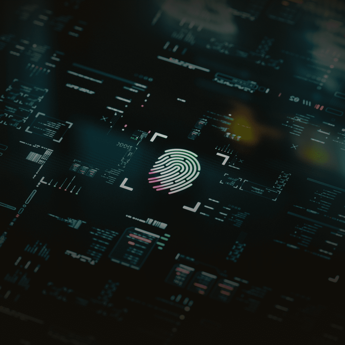 Digital fingerprint surrounded by technological interface.